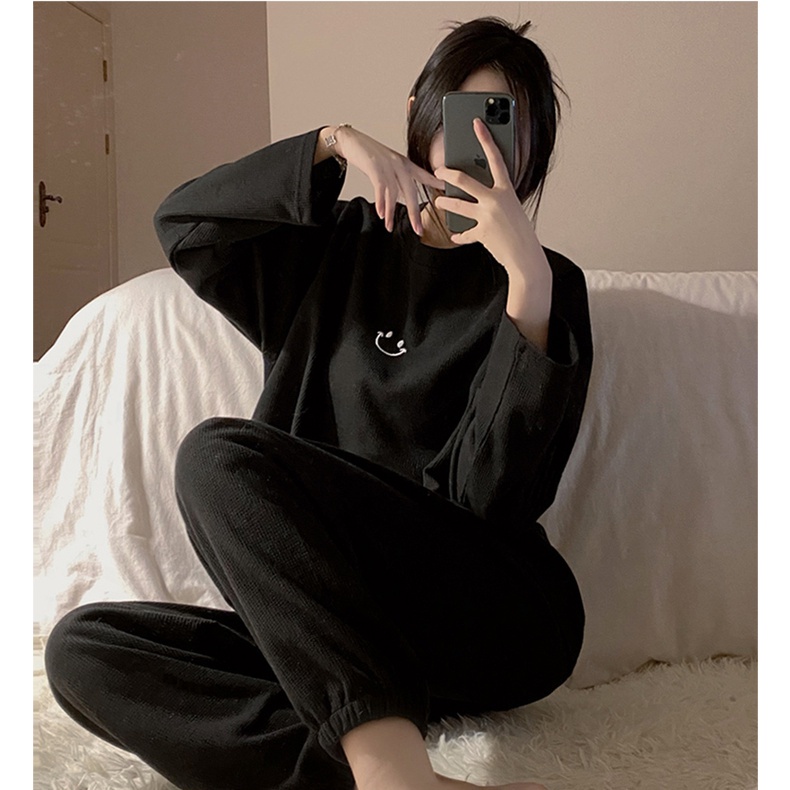 Set bộ tổ ong, set áo sweater Măt Cười cổ tròn phom rộng phối quần dài jogger ống đứng freesize hàn quốc mặc nhà C1108