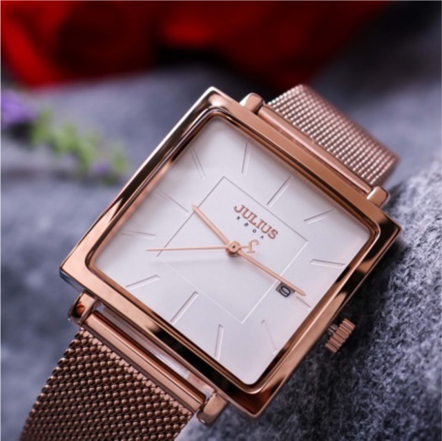 Đồng hồ unisex JULIUS Hàn Quốc JA-1207B mặt vuông dây thép có lịch (Đồng)