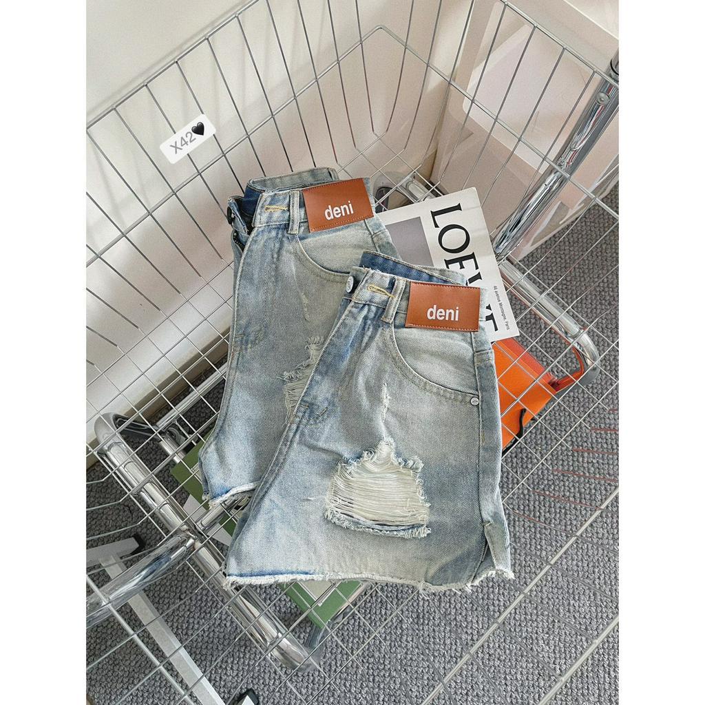 [SODM42] QUẦN SHORT JEAN ĐÙI NỮ LƯNG CAO RÁCH 2 MẢNG ĐÙI MẠC NÂU CHỮ DENI XẺ LAI LAI TUA MÀU XANH NHẠT MÁT MẺ HOT HIT