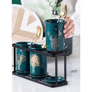 Ống đũa sứ 3 Xanh cổ vịt phong cách Bắc Âu - Hoạ tiết vàng kim - Khung thép