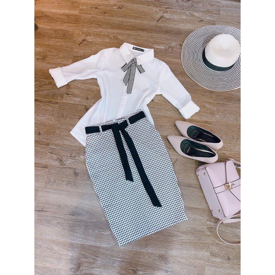 (Có bán rời)Set Sơ mi và chân váy body kẻ kèm nơ CVCC19 | BigBuy360 - bigbuy360.vn