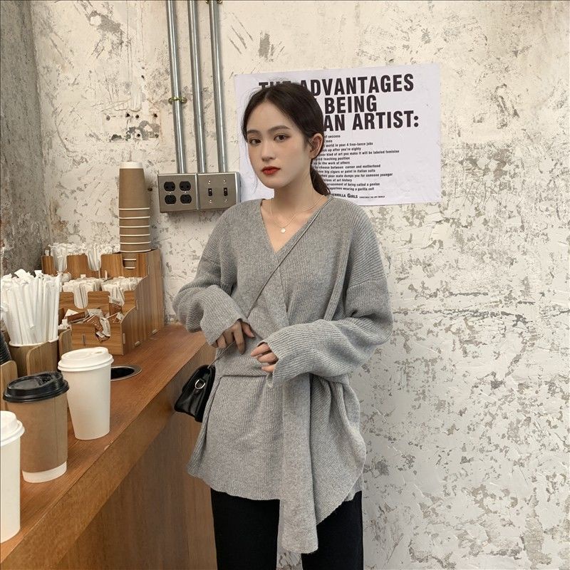 Áo len tay dài cổ chữ V dáng rộng thời trang mùa thu mới cho nữ