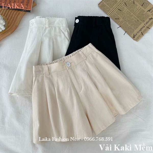 Quần đùi nữ mặc nhà vải Kaki mềm co giãn cúc cài khóa kéo thật lưng chun dáng quần short nữ ống rộng đi biển ngủ tập gym