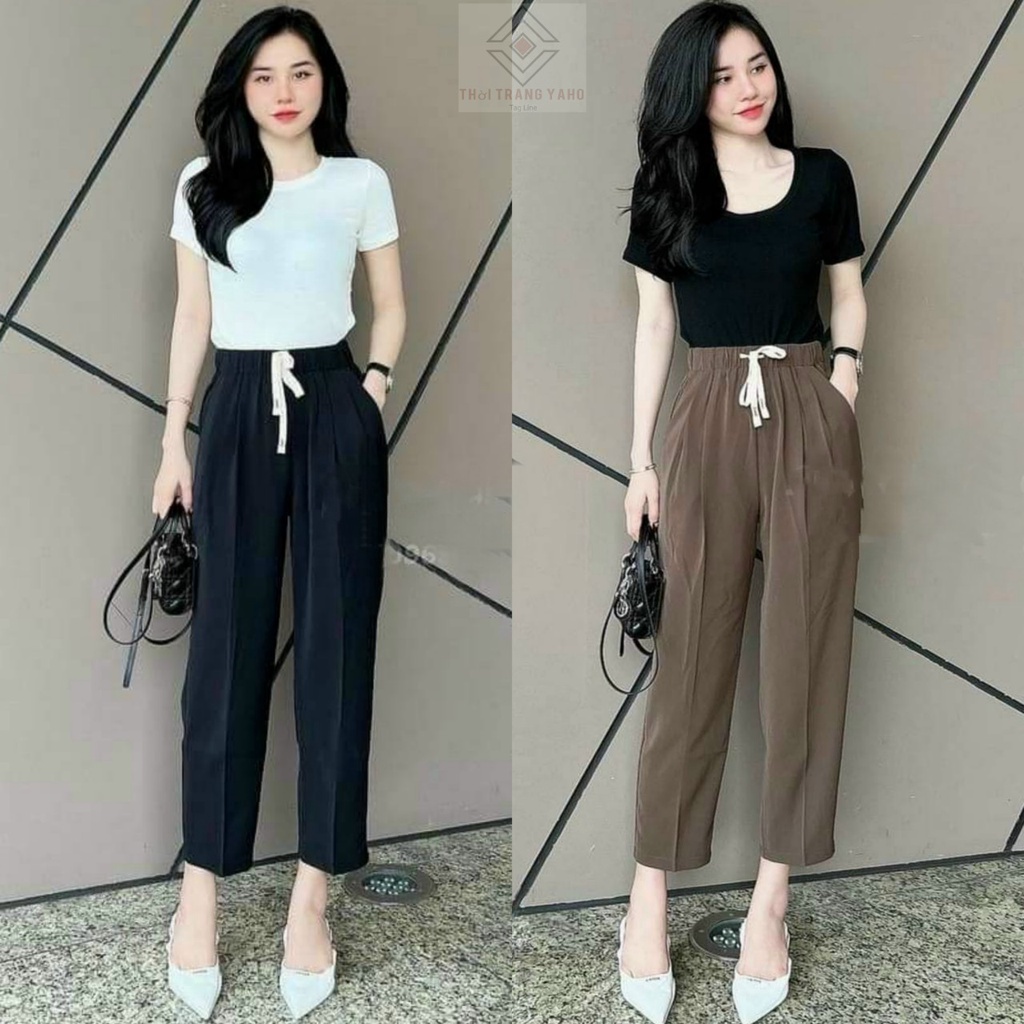 Quần baggy nữ cạp thun chun dây rút lưng cao dáng dài chất vải Ruby mẫu mới Quần vải nữ cạp cao bigsize tây đen công sở