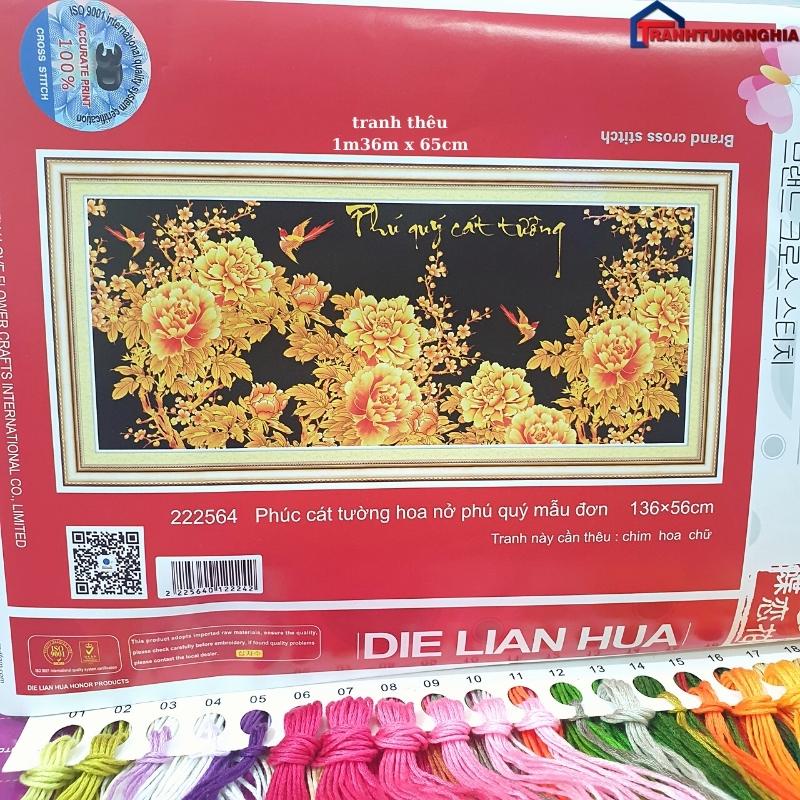Tranh đính đá, tranh thêu chữ thập phú quý nở hoa 1m40 x 65cm