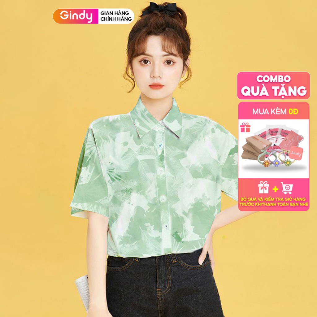 Áo sơ mi nữ GINDY mềm mát họa tiết nữ thiên thanh form rộng tay ngắn cổ bẻ màu xanh A5125