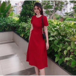 ĐẦM MAXI ĐAN DÂY EO ĐỎ ĐEN TRẮNG