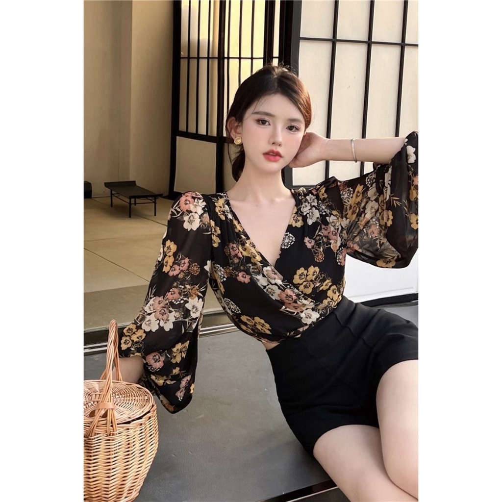 Áo Sơ Mi Chiffon Ngắn Cổ v Tay Phồng In Họa Tiết Retro Thời Trang Mùa Hè Dành Cho Nữ
