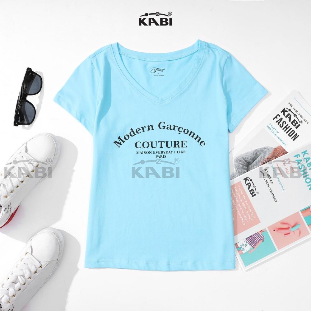 Áo thun tay ngắn nữ KABI áo cotton cổ tim cổ v in chữ basic form dáng ôm - WAN005