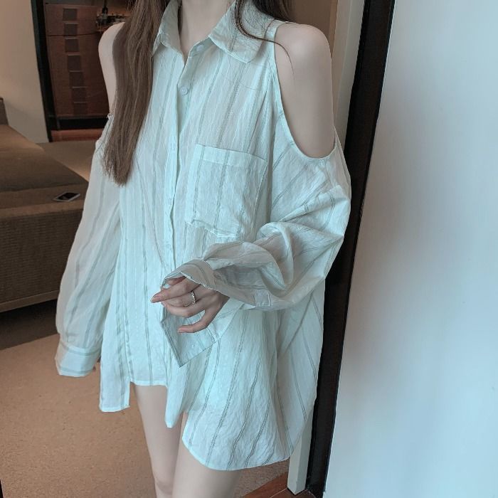 Áo Kiểu Dài Tay Trễ Vai Họa Tiết Kẻ Sọc Thiết Kế Mới Thời Trang Cho Nữ