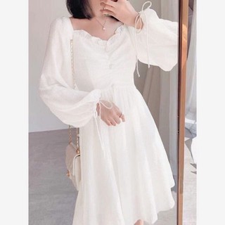 Đầm váy freesize trắng nút bọc cổ bèo