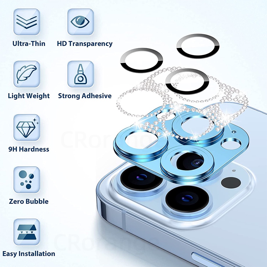 Miếng Bảo Vệ Camera Sau Điện Thoại Đính Kim Cương 3D Cho iPhone13 Pro Max 11 Pro Sierra Blue Glass iPhone 12 Pro Max