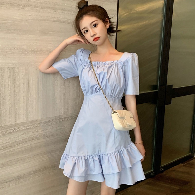 Đầm ngắn đuôi cá cổ vuông phối bèo nhún eo phong cách Pháp thời trang mùa xuân👗Váy LAMUSELANDFairy👚】hl