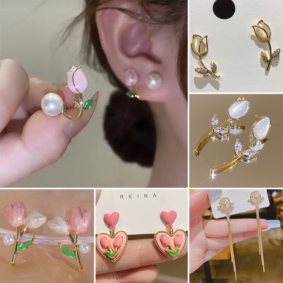 Bông Tai Mạ Bạc 925 Hình Hoa Tulip Đính Ngọc Trai Thời Trang Hàn Quốc