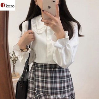 Áo sơ mi nữ cổ sen bèo nhún dài tay hai màu trắng đen, chất liệu đũi lụa mềm mại Fkaro SM011