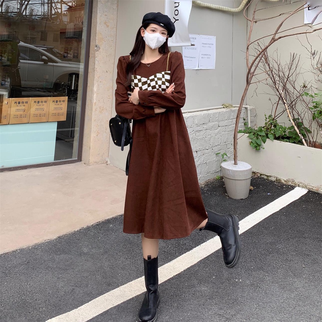 Đầm ZHELIHANGFEI tay dài giả hai lớp nhấn eo phong cách thanh lịch thời trang cho nữ