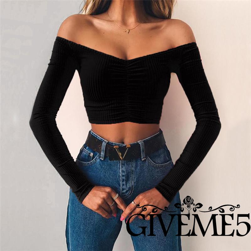 Áo Dệt Kim Tay Dài Hở Vai Gợi Cảm Cho Nữ