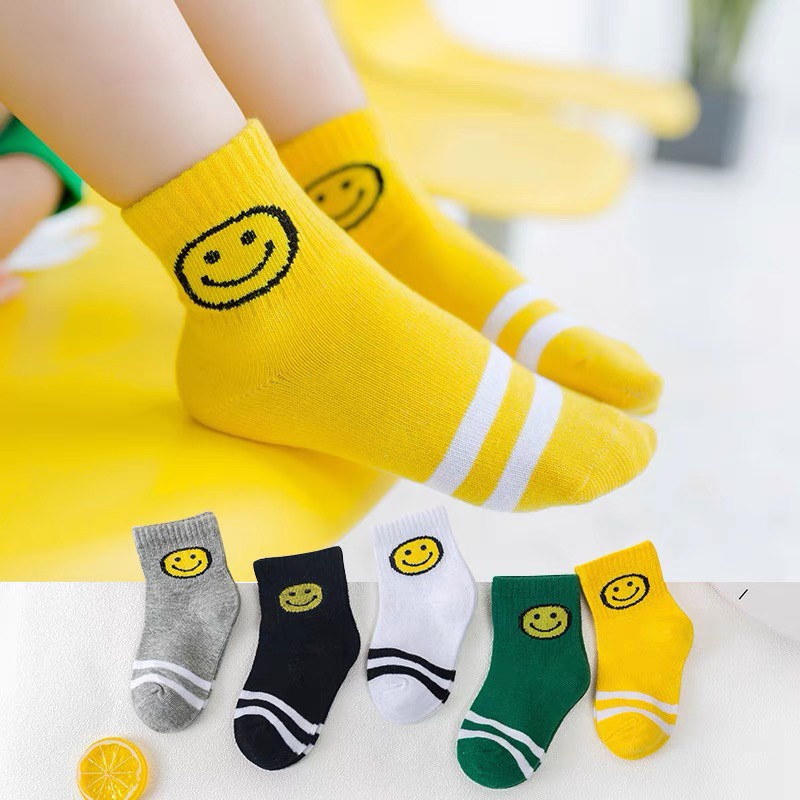 Tát cao cổ cho bé, Set 5 Đôi Vớ Cotton Hình Mặt Cười Dễ Thương Cho Bé