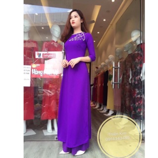 Áo dài tím 💥FREESHIP 💥áo dài đính kết thiết kế nhẹ nhàng 2 tà