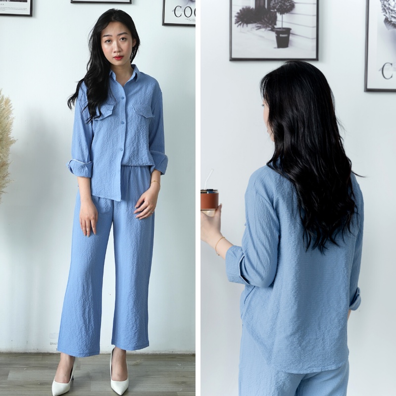 Set bộ đũi sơ mi dài tay quần ống rộng thu đông chất đũi xốp cao cấp sang trọng đi làm đi chơi đều đẹp DB05
