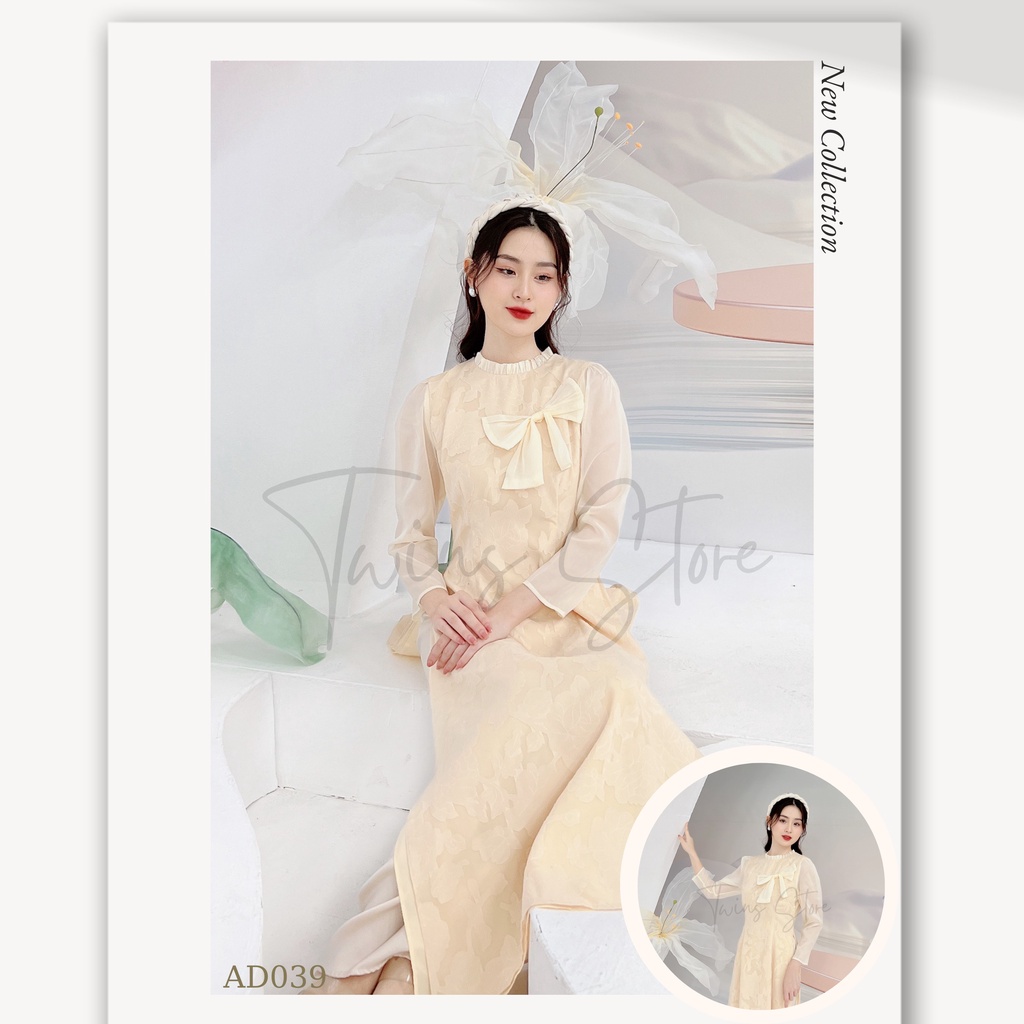 Áo dài dáng ôm KÈM QUẦN, áo dài TWINS STORE chất tơ vân hoa nổi phối nơ ngực xinh điệu - AD039