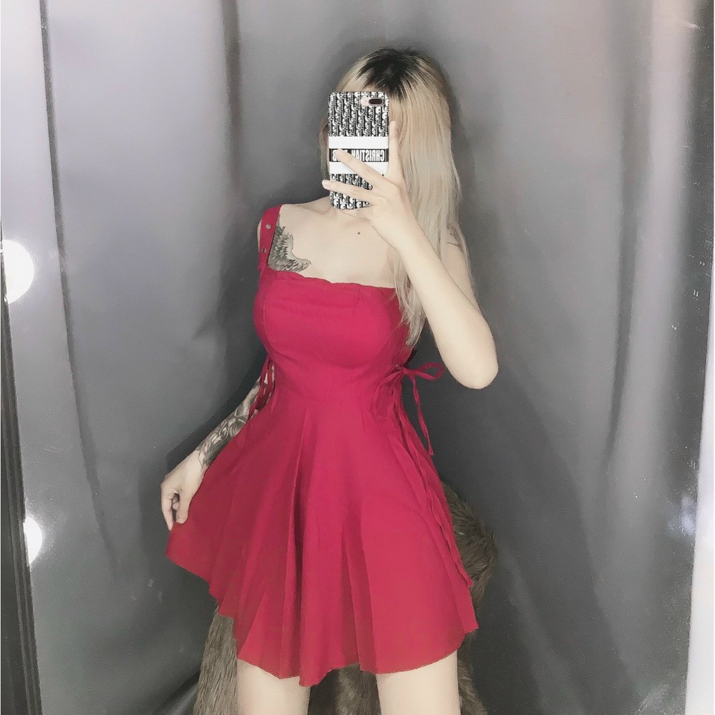 Đầm xinh đan dây mắt cáo lưng chất lụa thái siêu mịn ảnh thật có mút quần lót trong tiện lợi