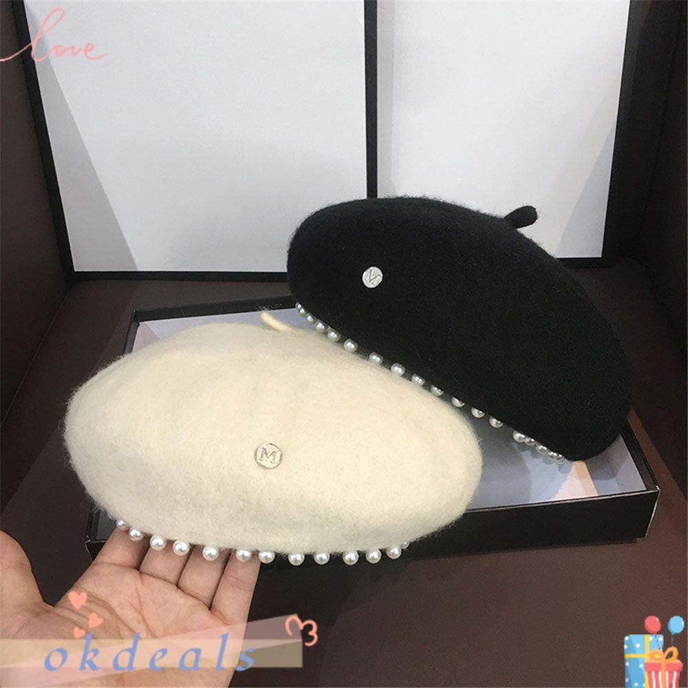 Okdeals Mũ Beret Len Màu Trơn Đính Ngọc Trai Kiểu Pháp Thanh Lịch