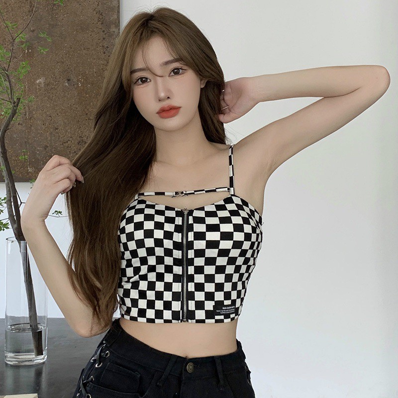 Áo croptop hai dây dáng ôm kẻ sọc caro phối khóa kéo quyến rũ Hàn Quốc dành cho nữ
