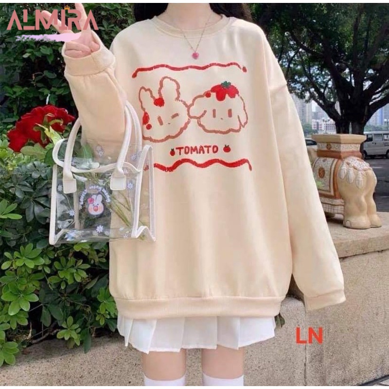 Áo Nỉ Sweater Nữ In Thỏ Con Và Cún Con Bánh Bèo Cute Form Rộng Tay Phồng