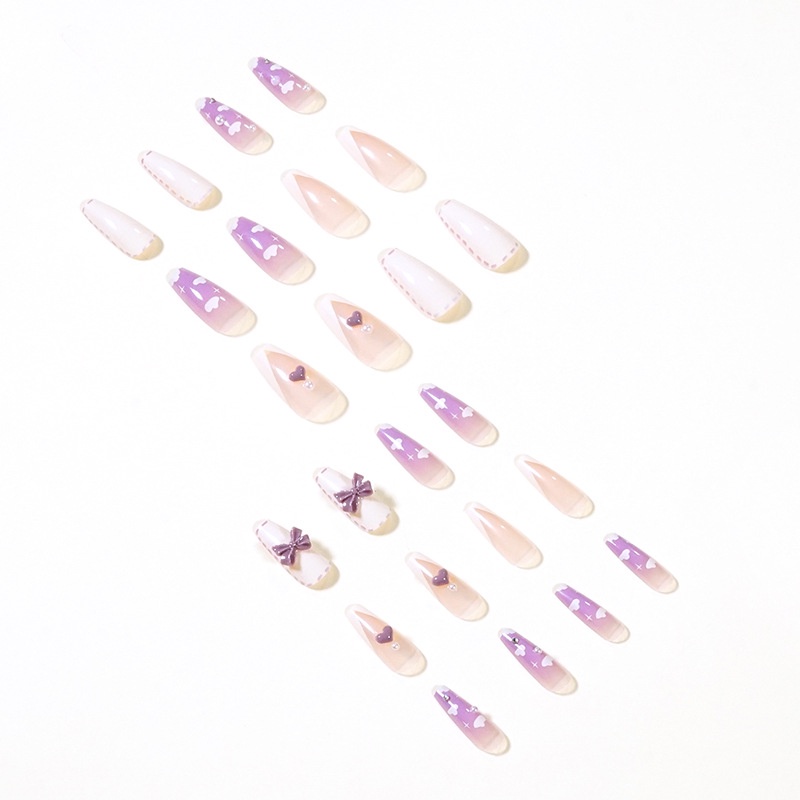 YADORNOS Set 24 móng tay giả YADORNOS dáng dài có thể tháo rời màu tím ngọt ngào thời trang