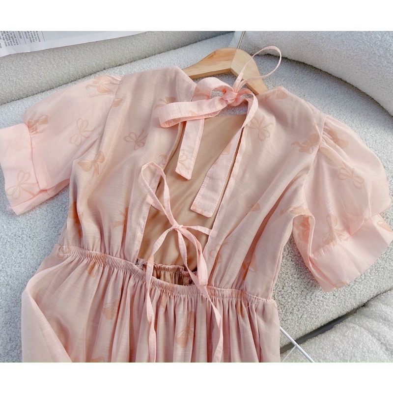 Đầm voan hoa babydoll xoè dài tay bo dây lưng Đầm váy đi chơi dạo phố du lịch đi biển đi Đà Lạt dễ thương cute xinh xắn
