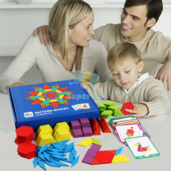 Bộ Ghép Hình Sáng Tạo Pattern Blocks 155 Chi Tiết SuperBee, Đồ Chơi Gỗ, Giáo Dục Tư Duy Cho Bé