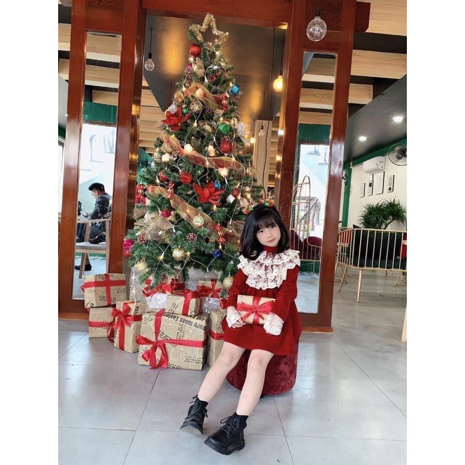 Váy nhung đỏ cổ thêu hoa cực sang chảnh cho bé gái mặc Noel ,Tết