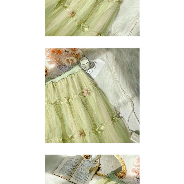 Chân Váy Lưới Tutu Co Giãn Màu Xanh Lá Phong Cách Hàn Quốc Thời Trang Cho Nữ