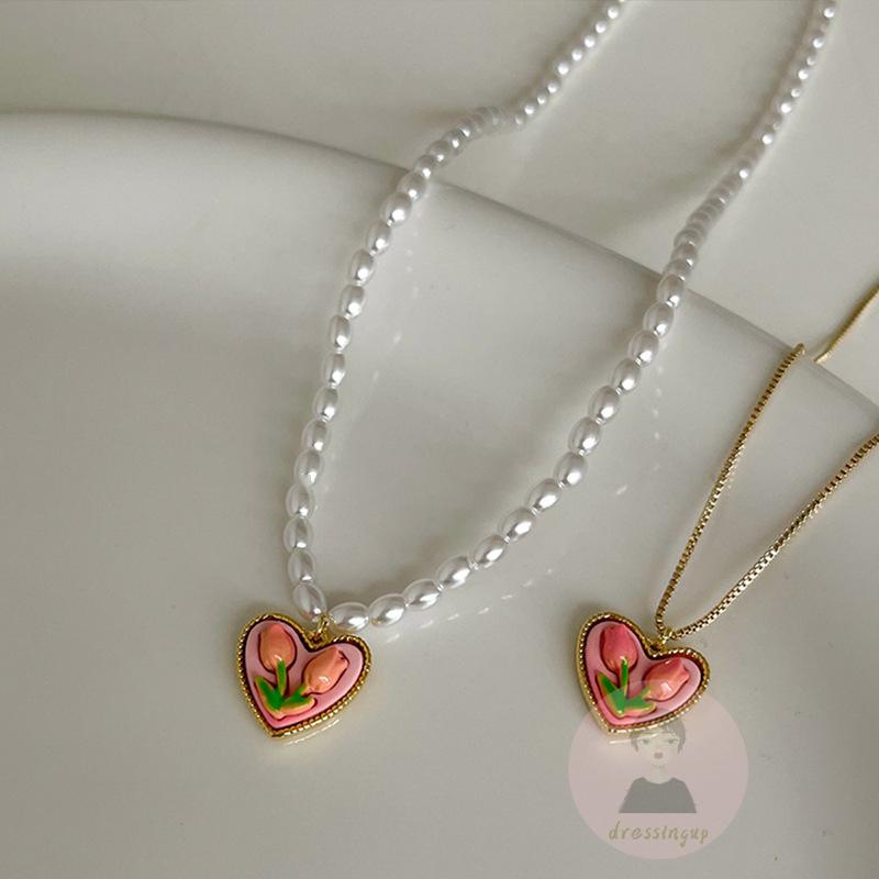 Vòng cổ Mặt Hoa Tulip Đính Ngọc Trai Thời Trang Cho Nữ