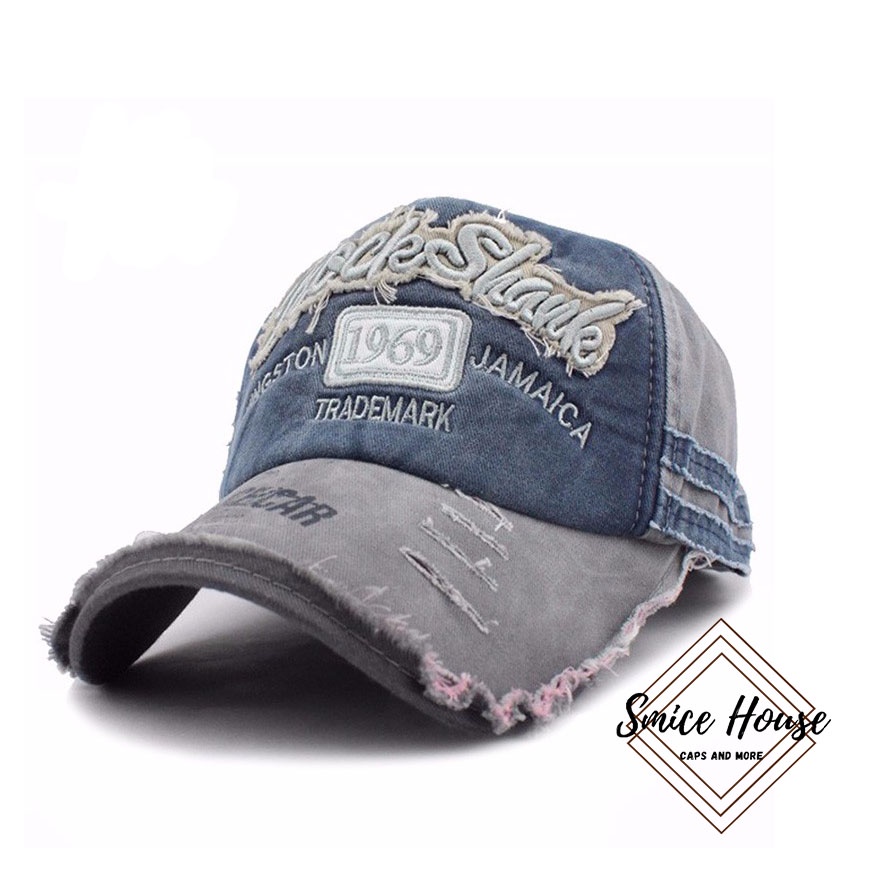 NÓN LƯỠI TRAI JEANS RÁCH THÊU CHỮ CÁ TÍNH 1969 PHONG CÁCH BỤI BẶM