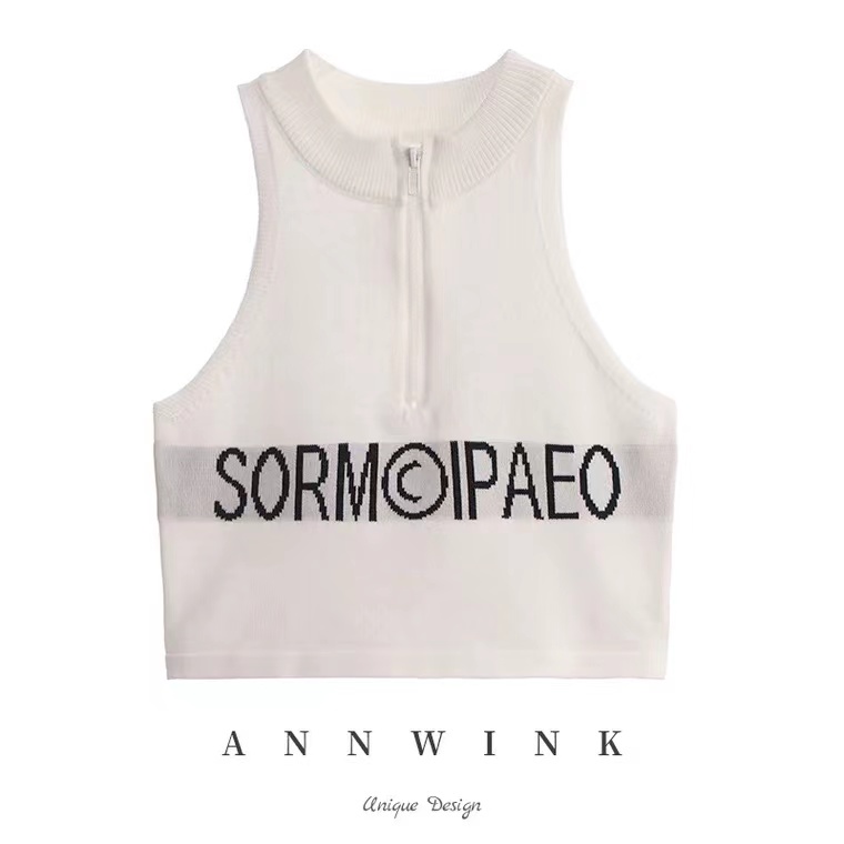 Áo croptop Sát Nách Màu Đen Phối Khoá Kéo Hoạ Tiết Chữ In