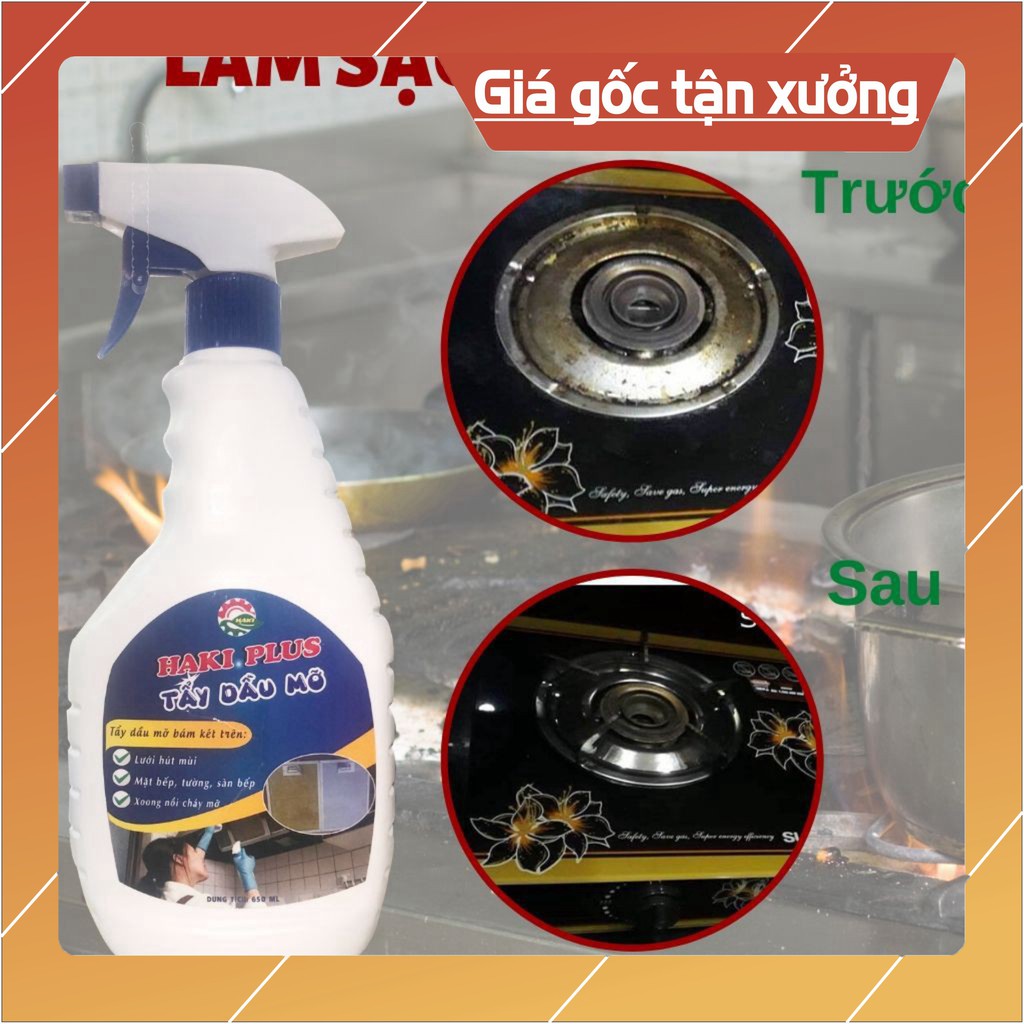 Tẩy dầu mỡ HAKI tẩy sạch dầu mỡ cứng đầu trên máy hút mùi, bếp gas, bếp từ, tường bếp, xoong chảo