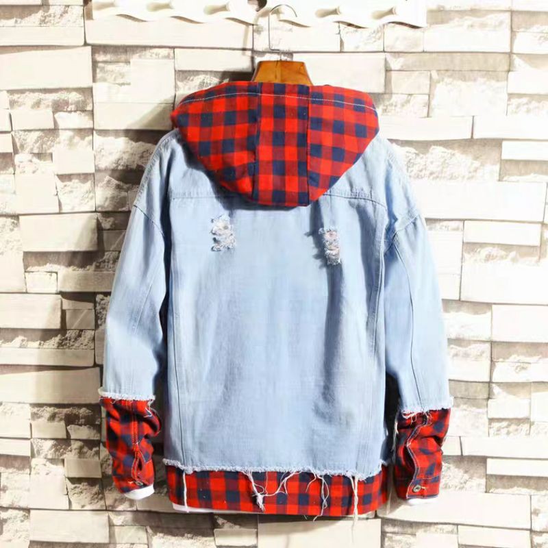 Áo khoác Jean Nam Xám Xanh Wax nhẹ đính kèm mũ sau rất đẹp TRA203