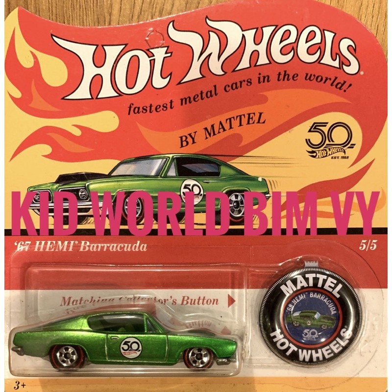 Xe mô hình Hot Wheels 50th Originals Collection Series '67 HEMI Barracuda FTX88, bánh nhựa.