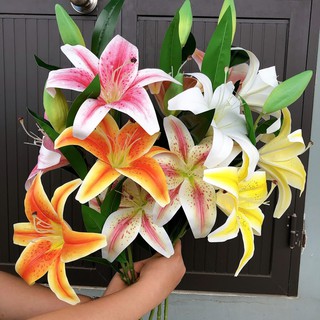 Hoa giả - Cành hoa ly silicon size đại cao cấp 92cm, cành 2 bông 1 nụ khổng lồ