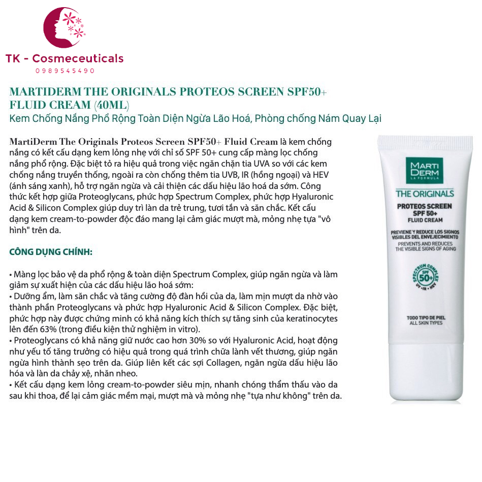 Kem Chống Nắng MARTIDERM / MARTI DERM Proteos Screen SPF 50+ Fluid Cream - Mini Size - 2ml