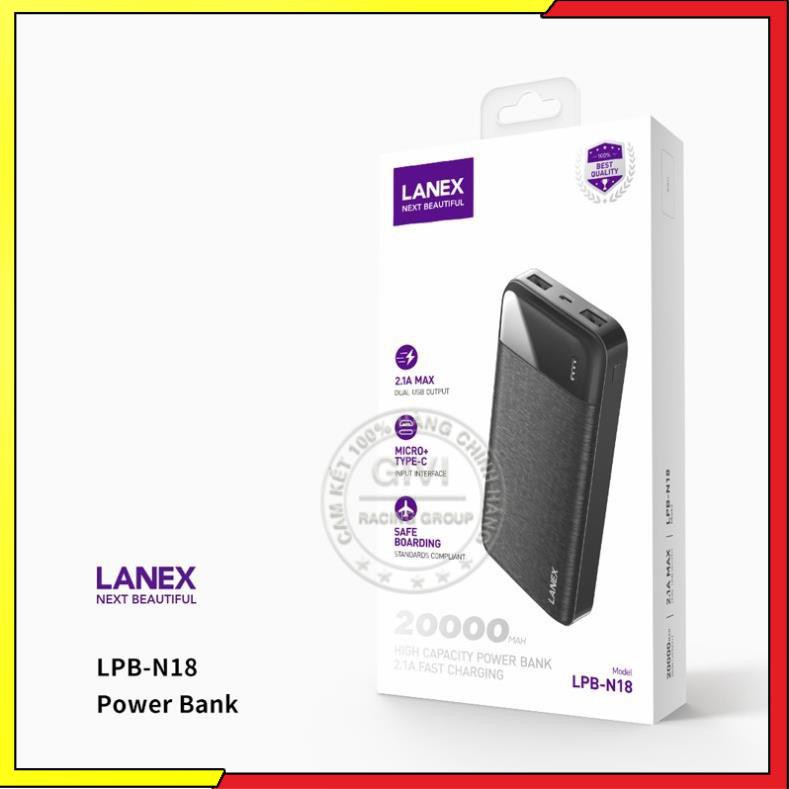 Pin dự phòng Lanex LPB-N18 2 cổng USB 2.1A, 20000mah, có đèn led, tương thích nhiều thiết bị