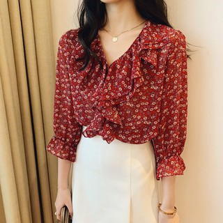 [ORDER] Áo voan sơ mi kiểu Quảng Châu màu đỏ hoa nhí có size