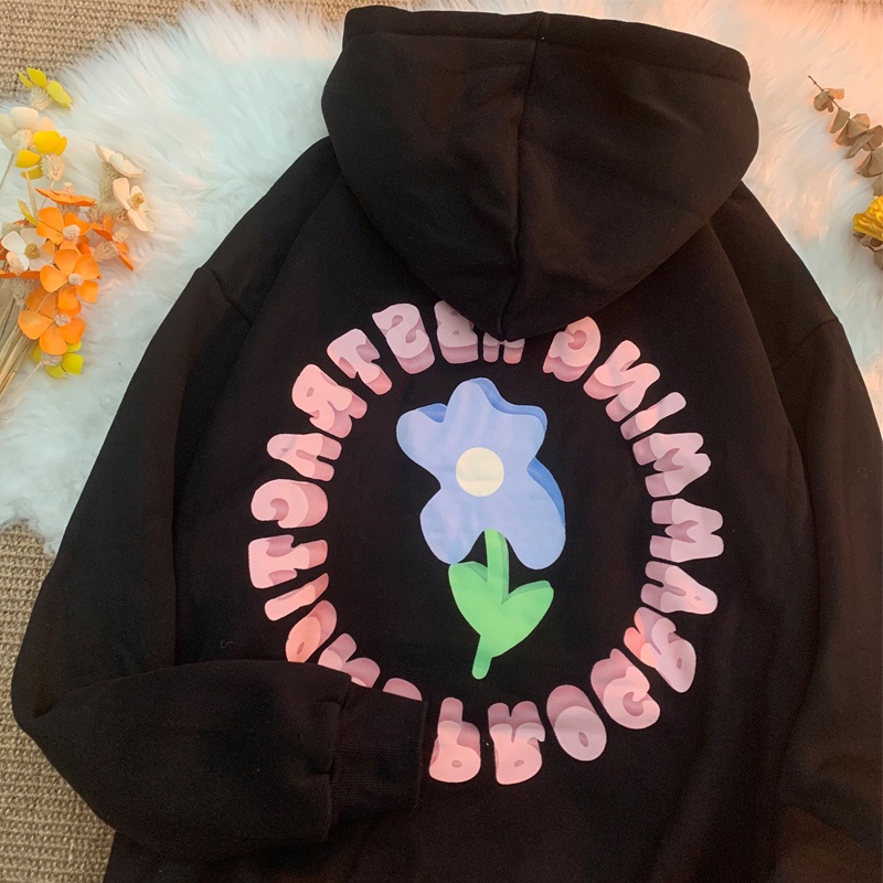 Áo Hoodie Dáng Rộng Họa Tiết Hoa Xinh Xắn Dễ Phối Đồ