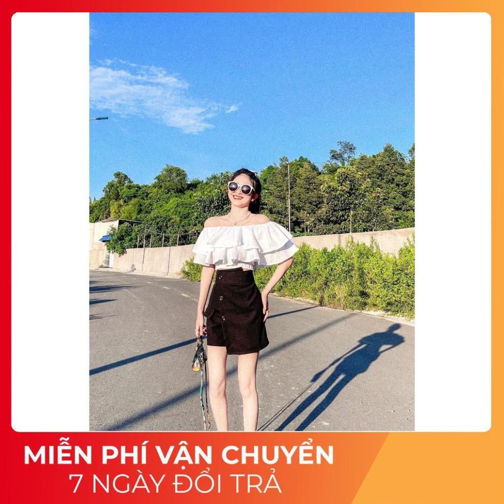 [ 𝐅𝐑𝐄𝐄 𝐒𝐇𝐈𝐏 ] Set Áo Trễ Vai Trắng Mix Chân Váy Cúc Lệch