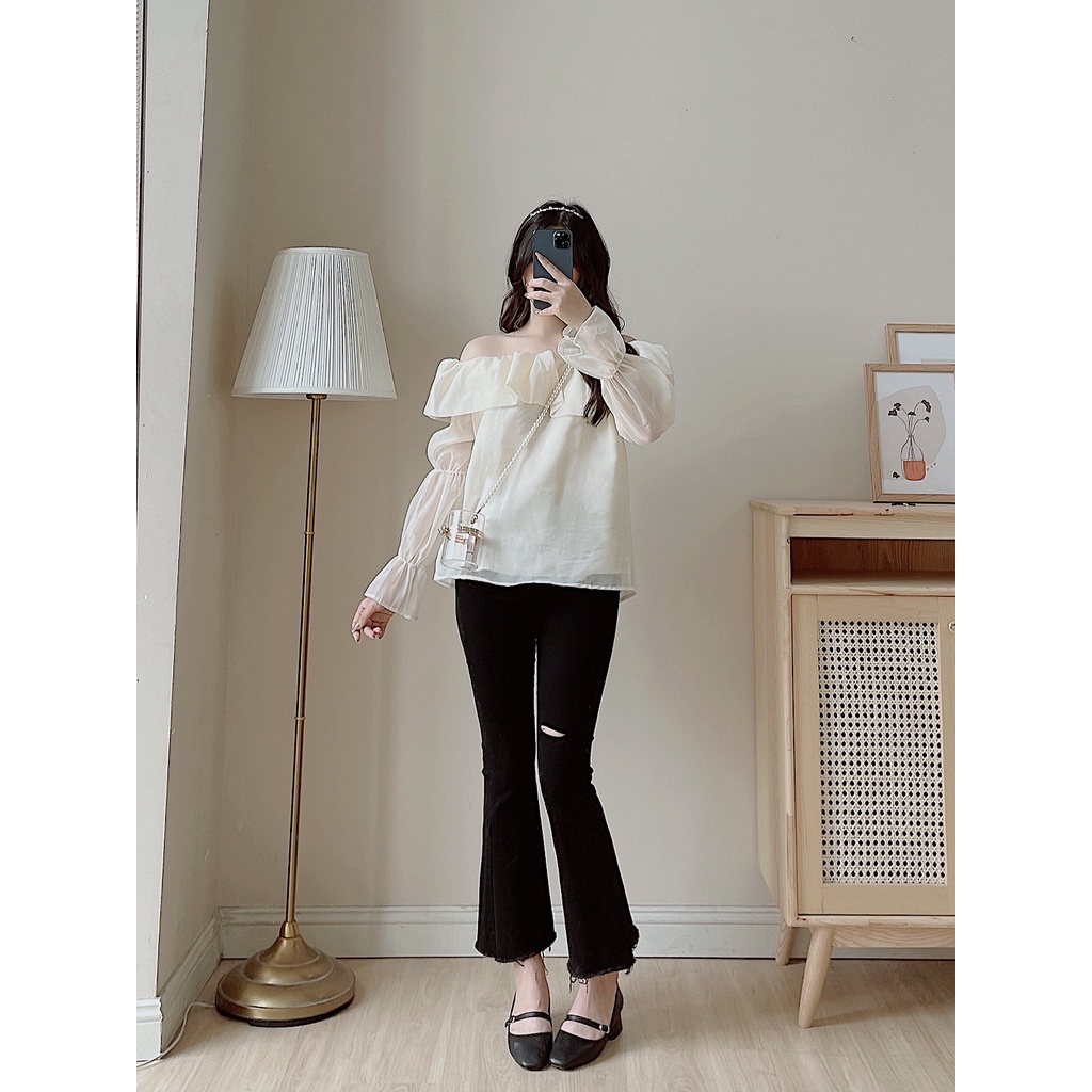 Quần jeans ống loe rách gối nữ LYRA, chất jeans cao cấp cạp cao năng động-VSYQD0109