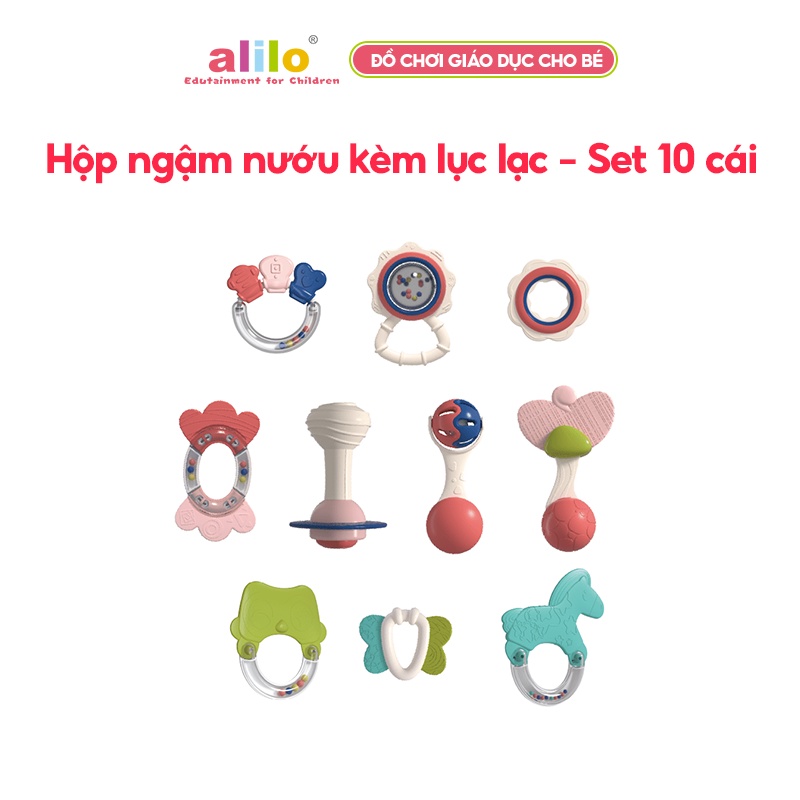 Hộp ngậm nướu kèm lục lạc cao cấp hỗ trợ phát triển răng miệng cho bé Alilo Rattles Teether Set 10/C1-10-Hàng chính hãng