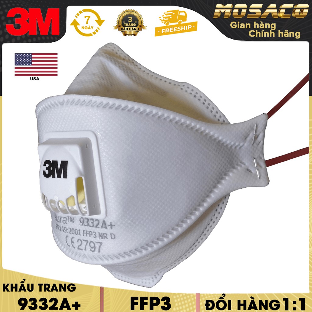 Khẩu trang 3M 9332A+ dạng gấp 3 lớp lọc 99,9% ngăn ngừa bụi mịn PM2.5 tích hợp van 1 chiều - MOSACO
