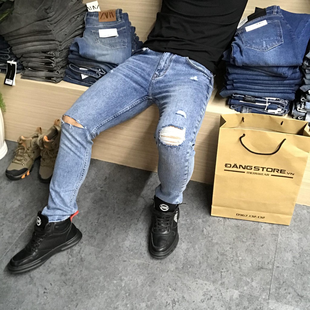 Quần bò Slimfit Blue - Xanh cho nam kết hợp rách gối | BigBuy360 - bigbuy360.vn